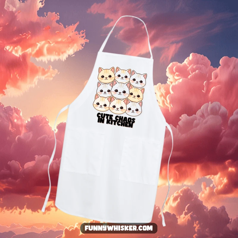 Funny apron with multiple small, round cat faces and vibrating whiskers, perfect for humorous and cute kitchen wear.