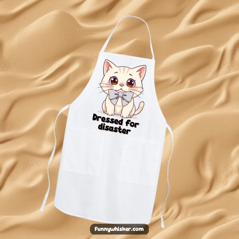 Funny apron featuring a cat with a large bow on its whiskers, looking comically startled.