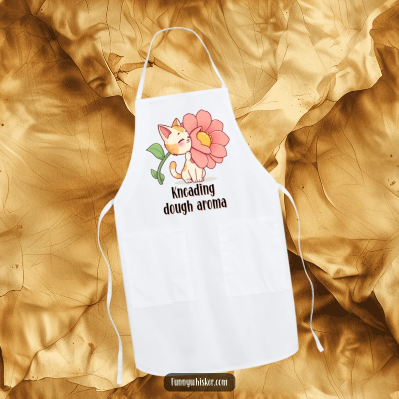 Funny Apron: A cat character dramatically sniffing a giant, cartoonish flower while in a kitchen setting.