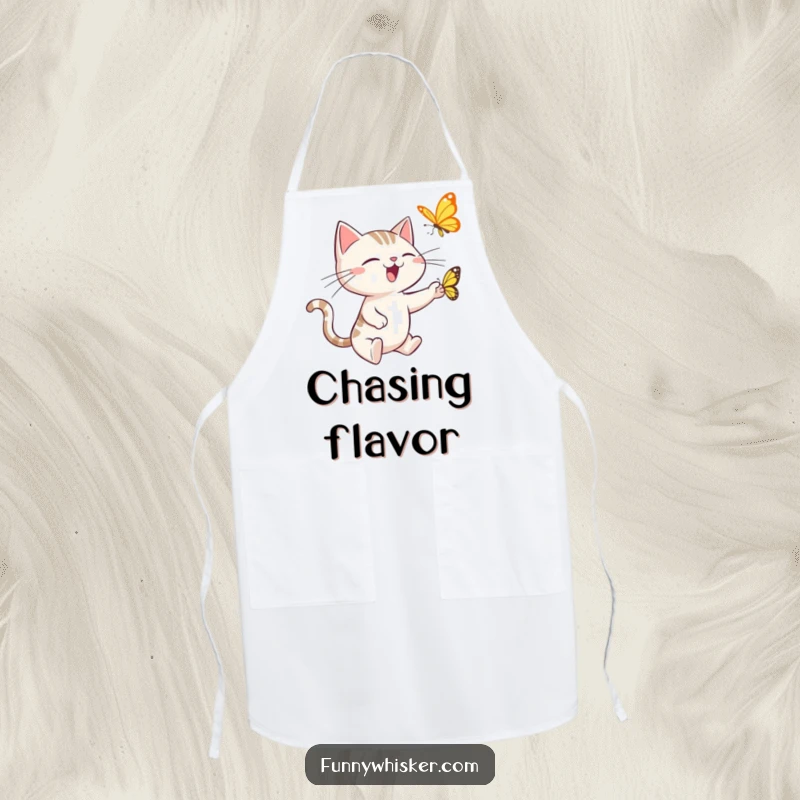 Funny apron featuring a spiky-whiskered cat comically chasing a butterfly, a humorous and practical kitchen accessory.