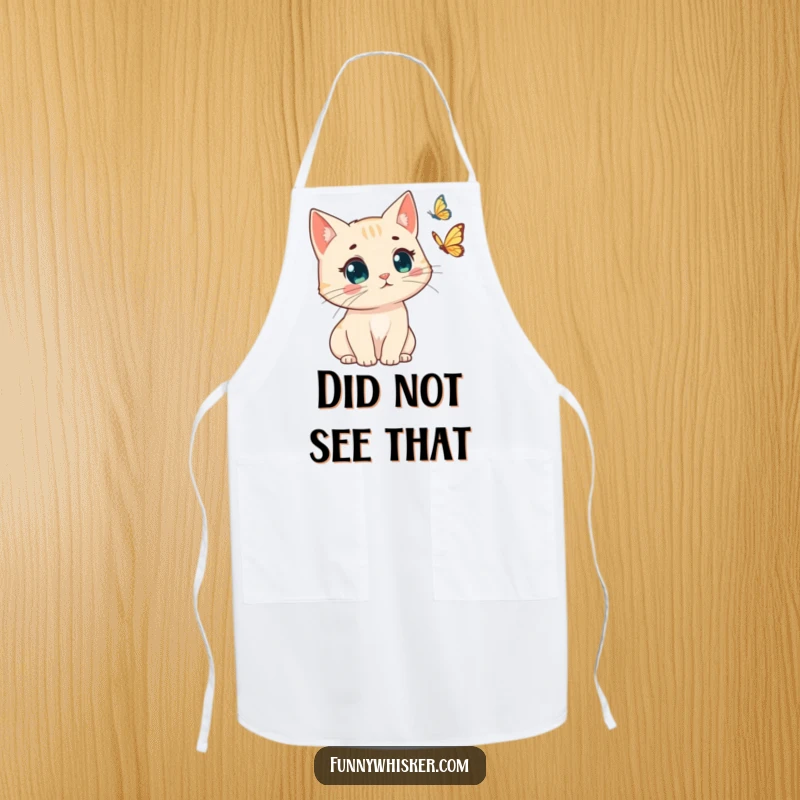 Funny kitchen apron with a cat s windswept whiskers, surprised by a butterfly. Humorous and functional, a great funny gift.
