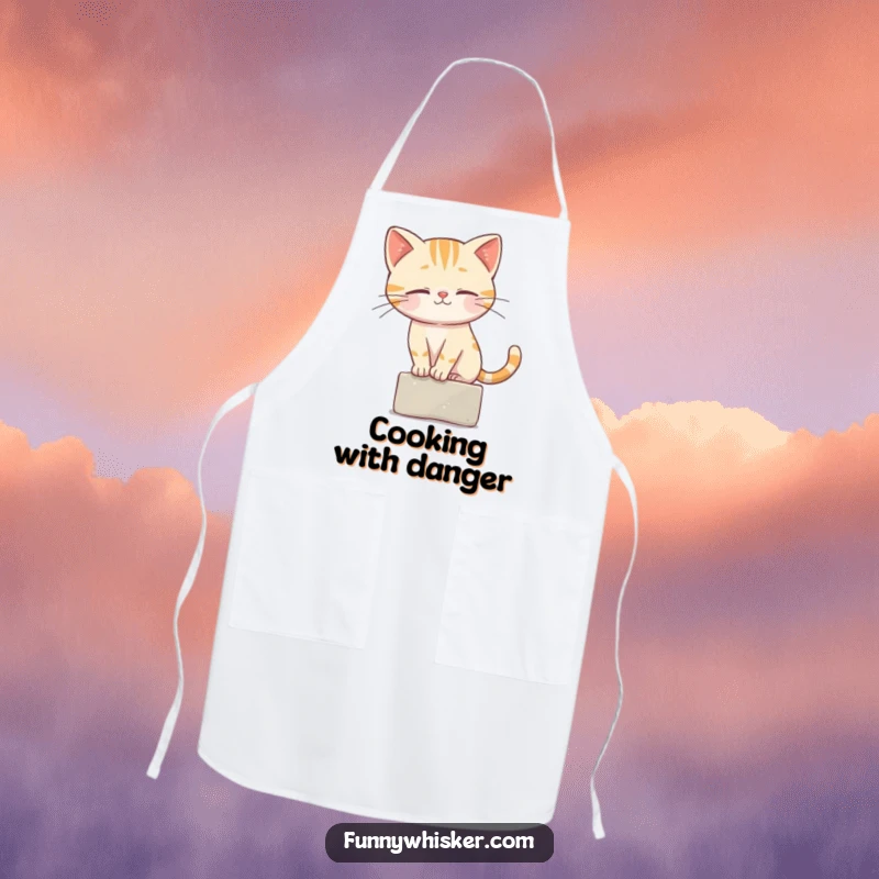 Funny Cat Apron depicting a cat character balancing expertly on a small ledge, using its whiskers for steadying.
