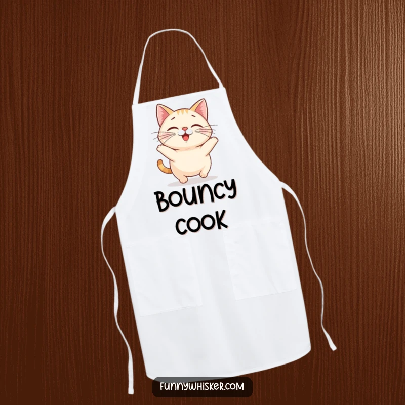 Funny cat apron featuring a small, round cat with comically oversized whiskers doing a happy little bounce, great for cooking.