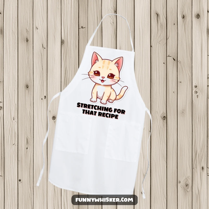Funny apron with a cat character stretching and playfully extending its whiskers, perfect for relaxed kitchen activities.