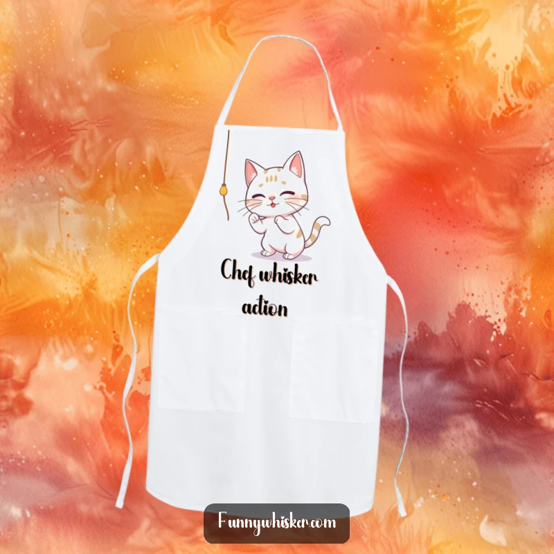 Funny apron depicting a cat with large whiskers gleefully batting at a dangling string, ideal for kitchen use and humorous appeal.