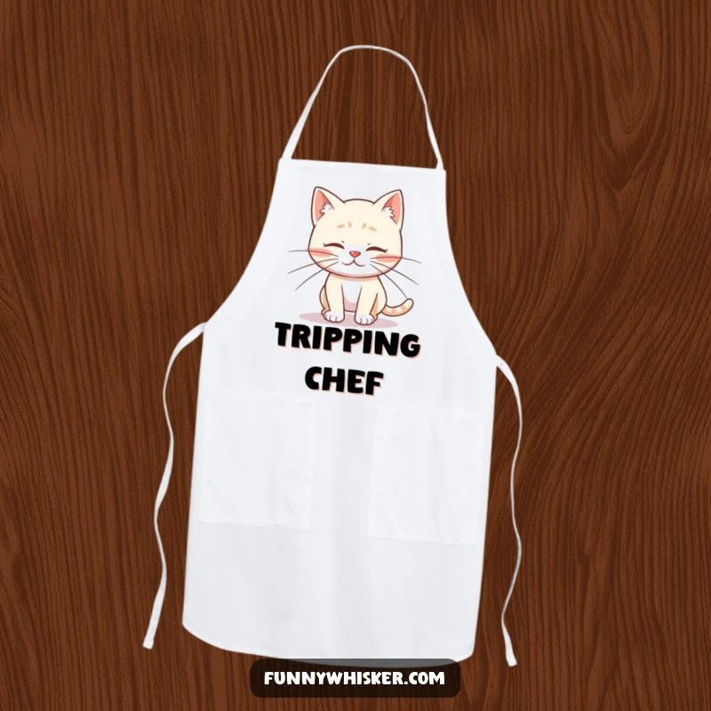 Funny apron featuring a cat character with comically long whiskers tripping over its own feet, ready to protect your clothes with feline charm.