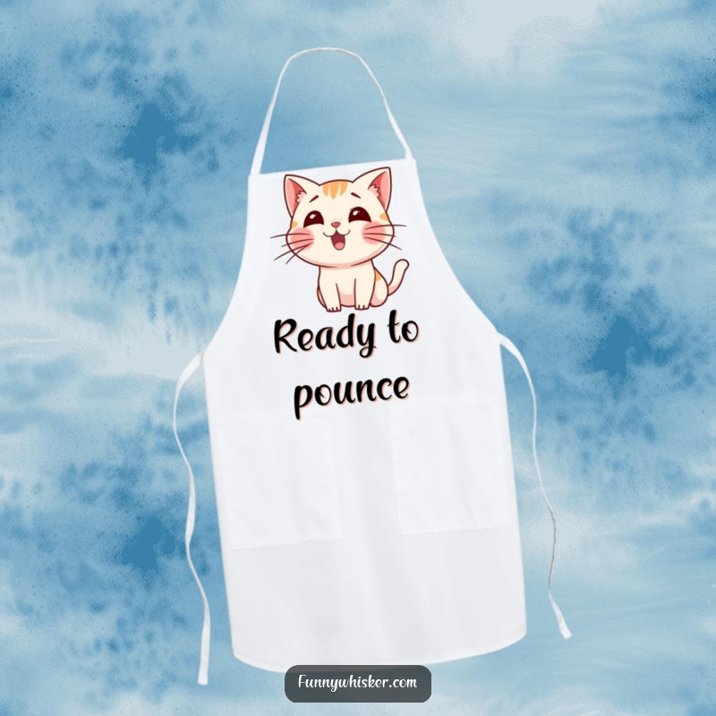 Funny apron with a small cat character wiggling its long whiskers in excitement, offering a fun touch for cooks.