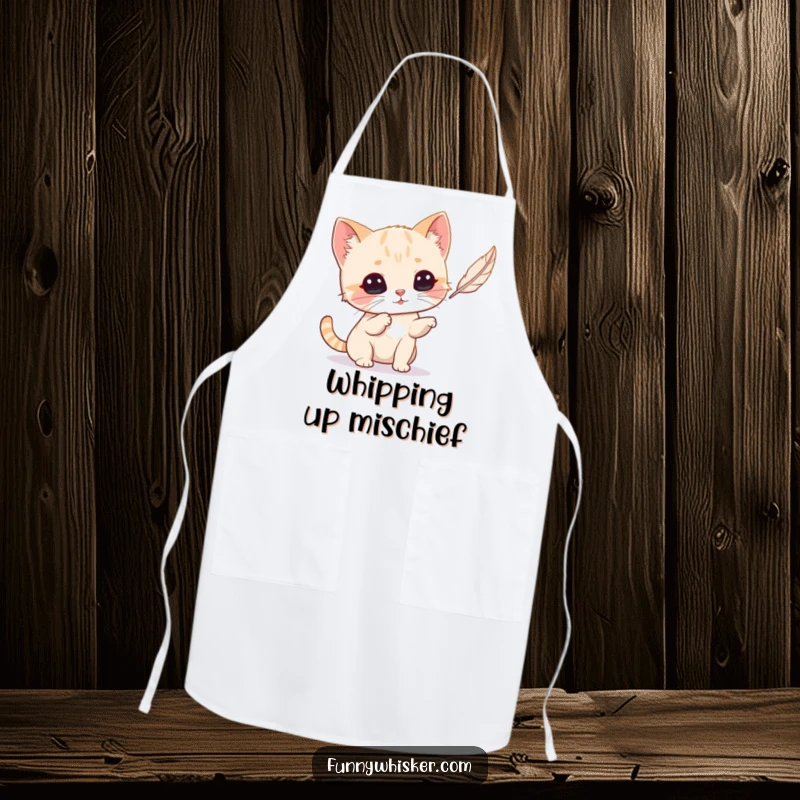 Funny Cat Apron: Tiny cat with exaggerated whiskers playfully batting a feather, a humorous kitchen accessory for cooks.