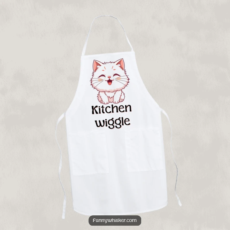 Funny Cat Apron showing a fluffy cat with exaggerated, wiggling whiskers, perfect for cooks and cat fans, a practical funny gift.