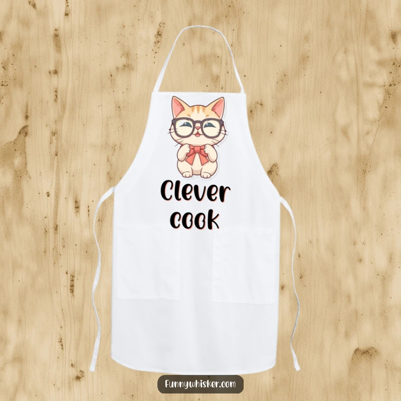 Funny apron with a cat in large glasses trying to tie a bow tie with its whiskers, perfect for kitchen charm.