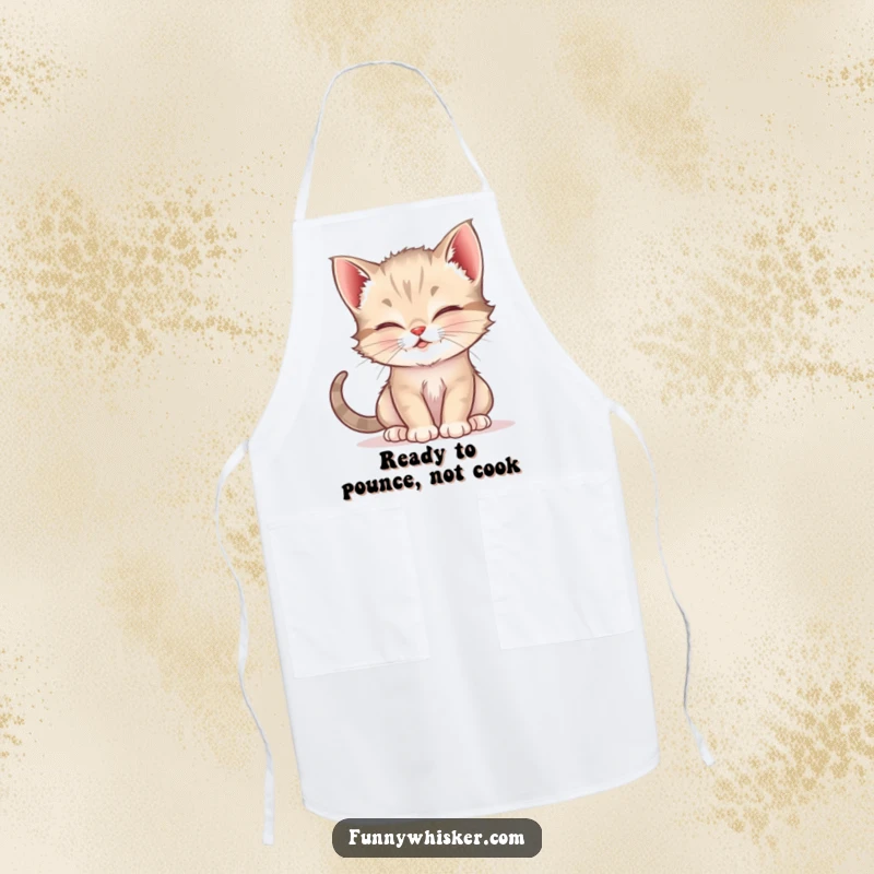 Funny apron depicting a mischievous kitten using its whiskers to tickle another cat, perfect for a humorous cooking experience.