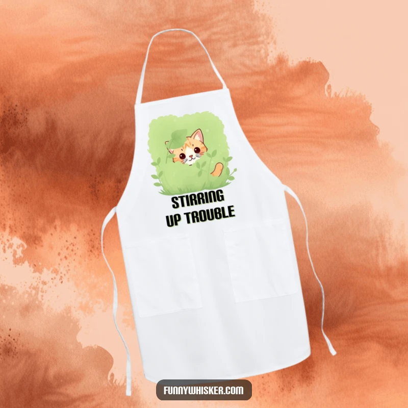 Funny cat apron showing only twitching whiskers peeking from behind a bush, perfect for kitchen stealth and humor.