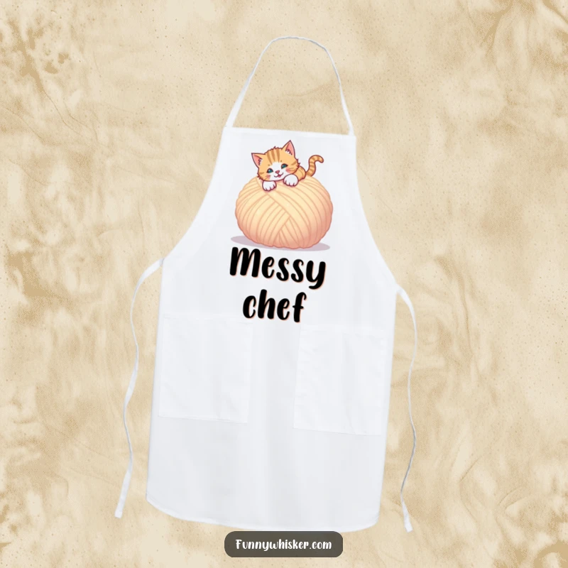Funny apron featuring a cat about to pounce on a big ball of yarn, ready for kitchen play.