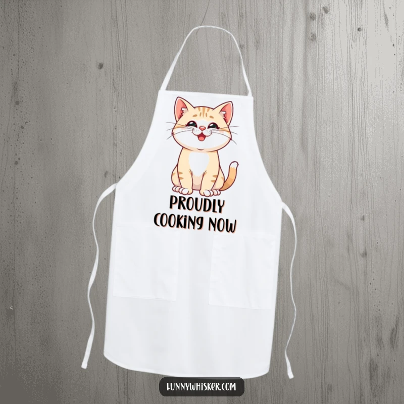 Funny apron of a proud cat striking a pose with playfully twitching whiskers, perfect for kitchen use and as a confident, humorous gift.