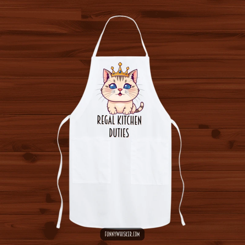 Funny apron with a silly cat wearing a regal whisker crown, ready for kitchen adventures with a comical flair.