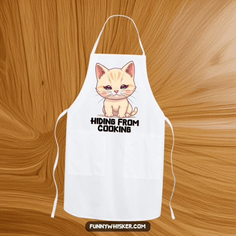 Funny Cat Apron: Shy cat attempts to hide behind its single, large whisker, a humorous kitchen accessory.