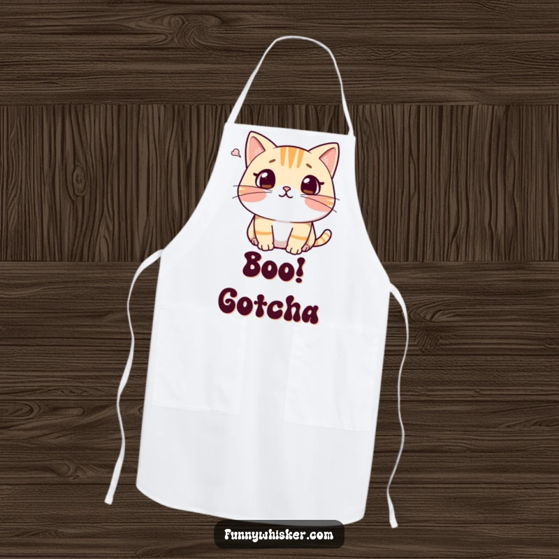 Funny cat apron depicting a character with a surprised expression, whiskers recoiling from a tiny puff of air, a humorous kitchen accessory.