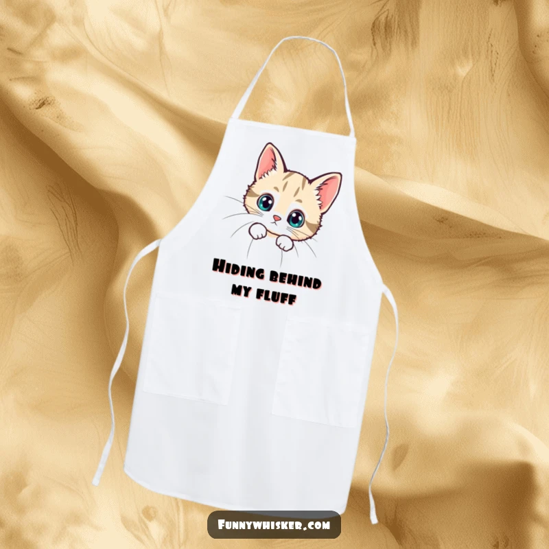 Funny apron showing a tiny cat peeking with curious eyes from behind a giant whisker, perfect for adding humor to cooking.