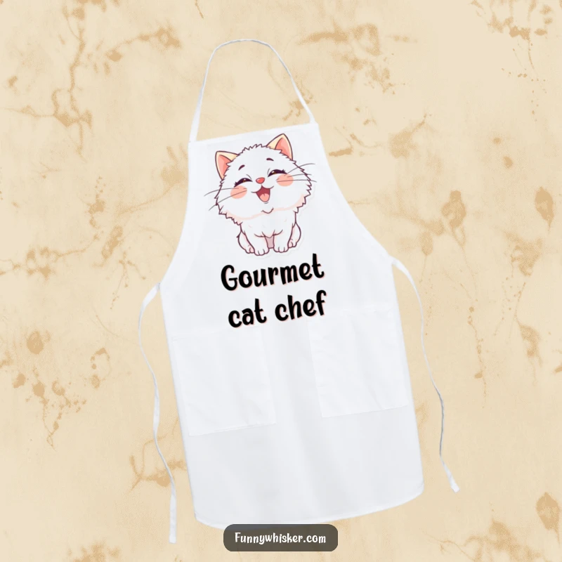 Funny apron with a fluffy cat character, oversized whiskers comically wiggling with pure delight, ready for culinary fun.