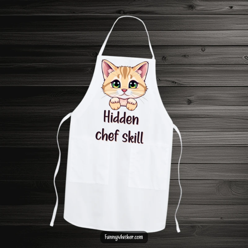 Funny apron depicting a cat peeking from behind large, fluffy whiskers, with sparkling eyes, ideal for kitchen use and humorous appeal.