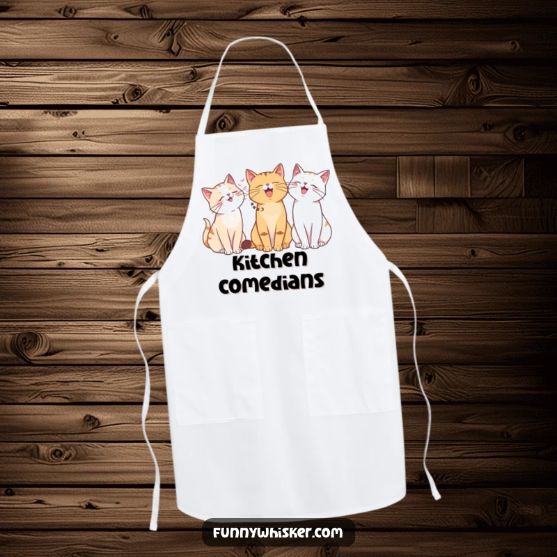 Funny kitchen apron with cats of different whisker lengths giggling together. Humorous and practical, a great funny gift.