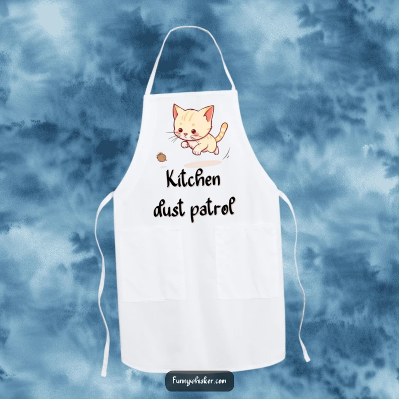 Funny cat apron showing a cat chasing a dust bunny with long whiskers trailing, perfect for kitchen antics and humor.