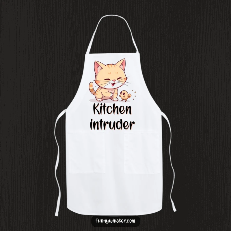 Funny apron showing a cat with wiggling whiskers on the hunt for dust bunnies, ideal for kitchen use and humor.