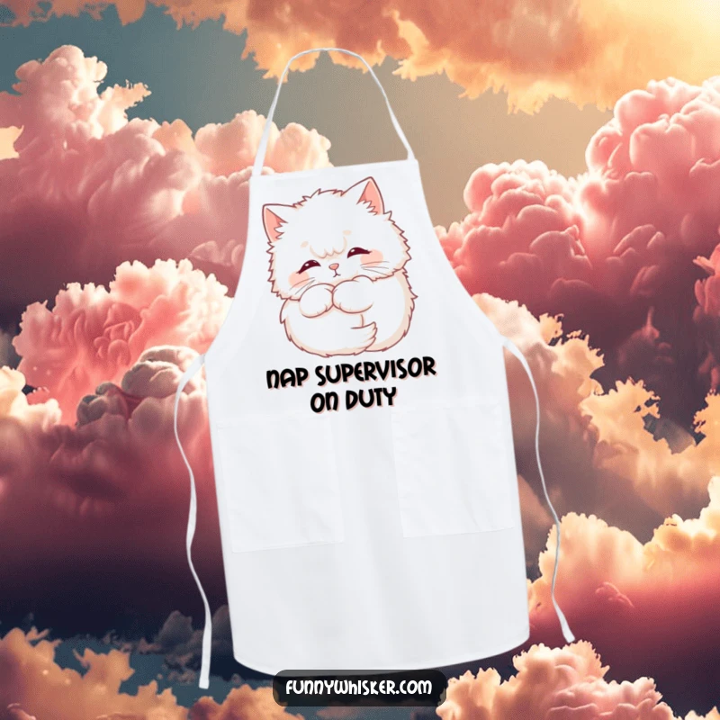 Funny Cat Apron showing a fluffy cat with a sweet halo made of its soft whiskers, ready for culinary fun.