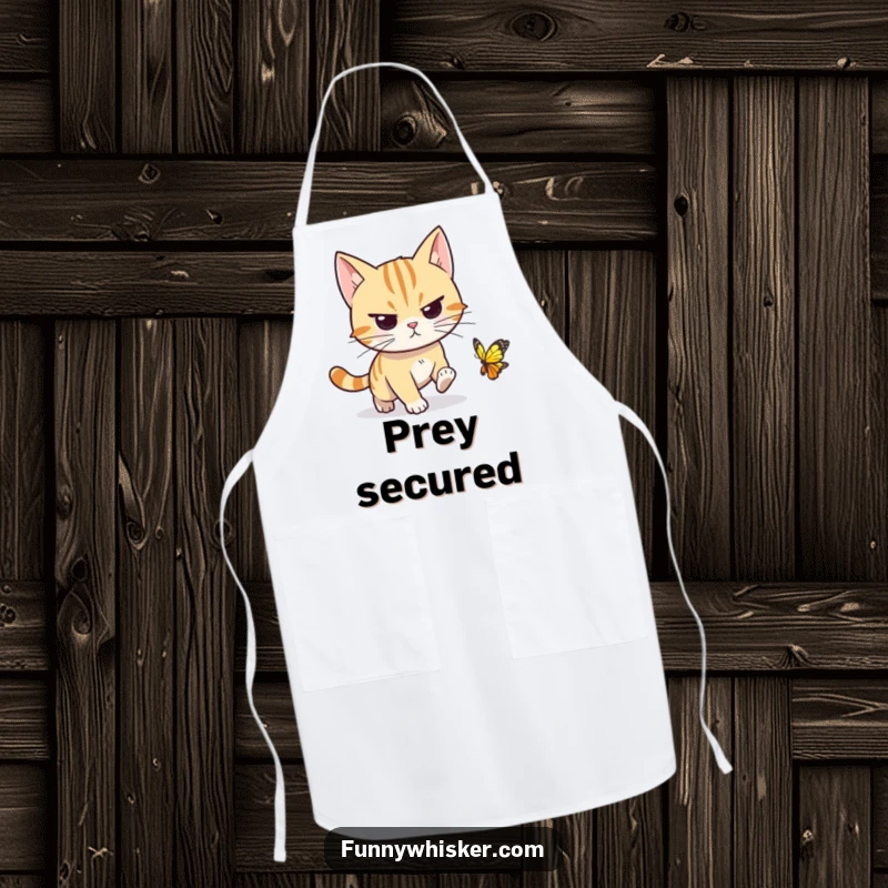 Funny cat apron showing a determined character, whiskers forward, chasing a tiny butterfly, a humorous and practical kitchen accessory.