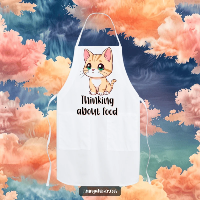Funny cat apron showing a character looking thoughtfully into the distance, whiskers drooping slightly, a humorous and practical kitchen essential.