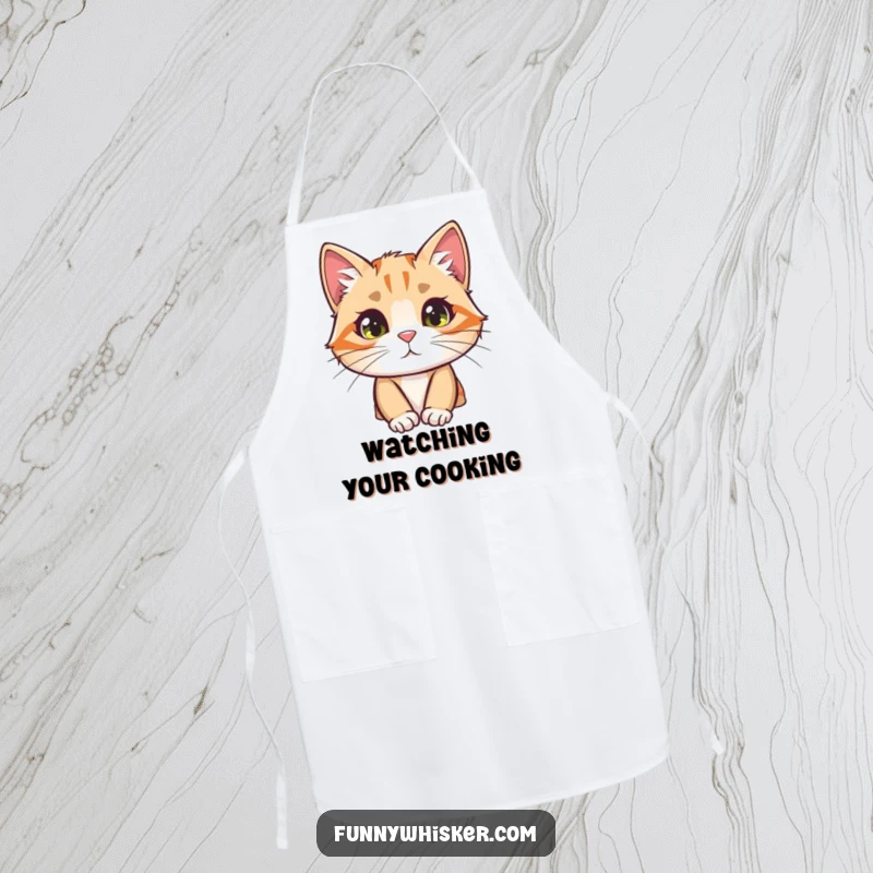 Funny cat apron featuring a curious character peeking from behind a large, fuzzy whisker, perfect for cooking.