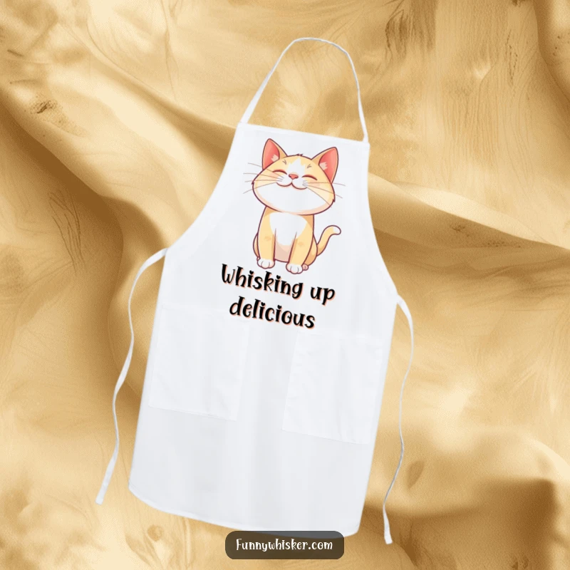 Funny cat apron featuring a giant, joyful whisker twitching mid-air, ready to add a touch of feline joy to culinary adventures.