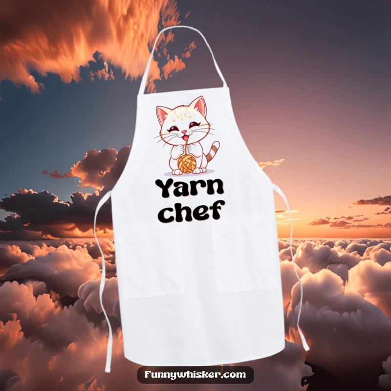 Funny apron with a kitten with big whiskers joyfully playing with a yarn ball, perfect for kitchen fun.