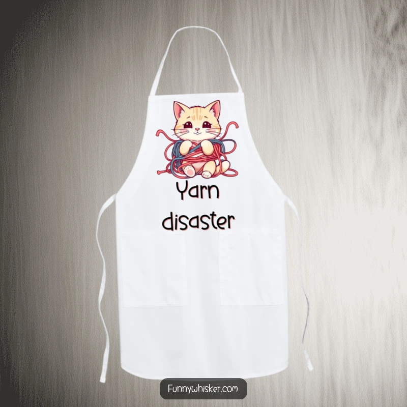 Funny apron featuring a cat character tangled in yarn, whiskers askew, ready for kitchen chaos, a perfect gift for cooks.