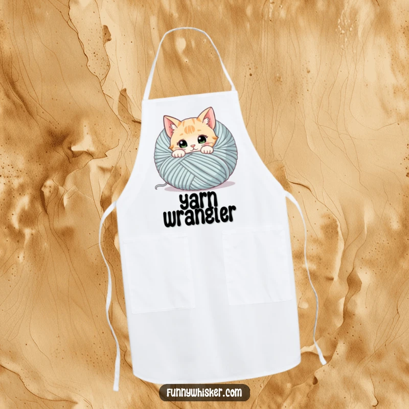 Funny cat apron featuring a curious cat peeking from behind a giant ball of yarn, whiskers twitching, great for cooking.