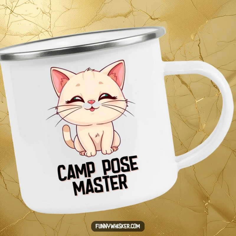 Funny enamel camping mug with a cat sporting elegant whiskers in a silly pose. Humorous and rugged, a great funny gift.