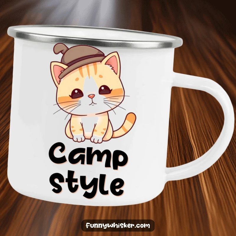 Funny cat camping mug featuring a character in a silly hat, tilting hilariously due to twitching whiskers, perfect for outdoor fun.