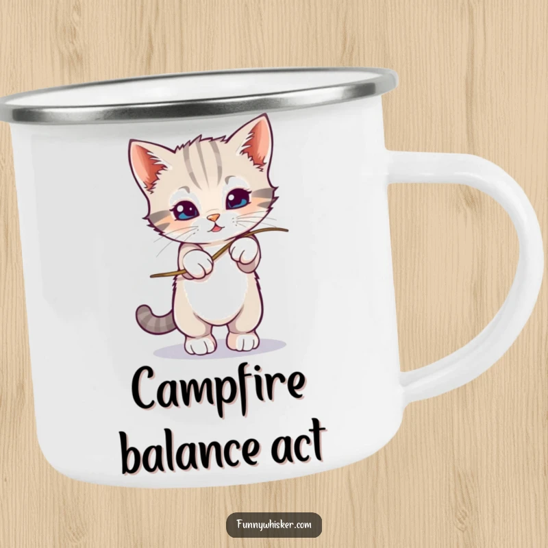 Funny kitten balancing on a wobbly whisker on a camping mug, symbolizing outdoor fun, a great funny gift.