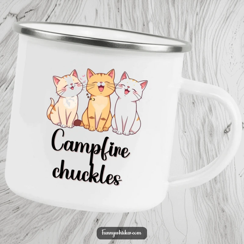 Funny enamel camping mug with cats of different whisker lengths giggling. Humorous and rugged, a great funny gift.