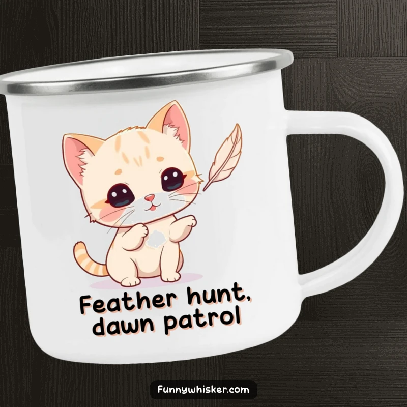 Funny Cat Camping Mug: Tiny cat with exaggerated whiskers playfully batting a feather, ideal for outdoor adventures.