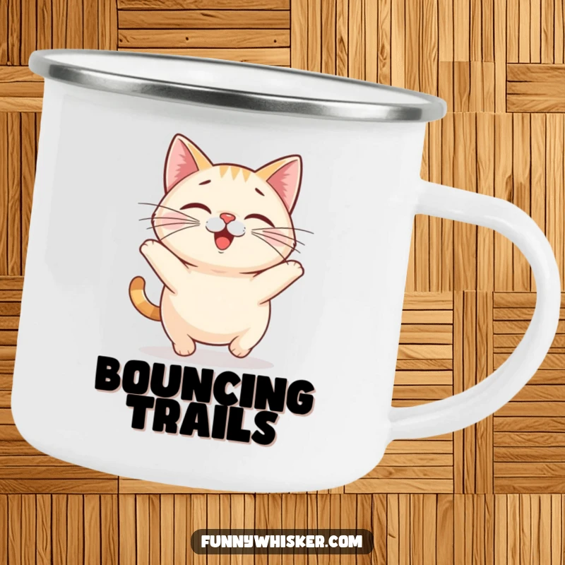 Funny cat camping mug showing a small, round cat with large whiskers doing a happy bounce, ready for outdoor fun.