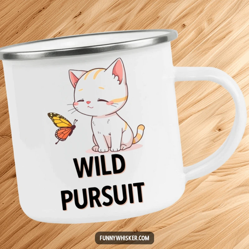 Funny Cat Camping Mug showing a cat using whiskers to catch a butterfly, perfect for adventures and cat fans, a great funny gift.
