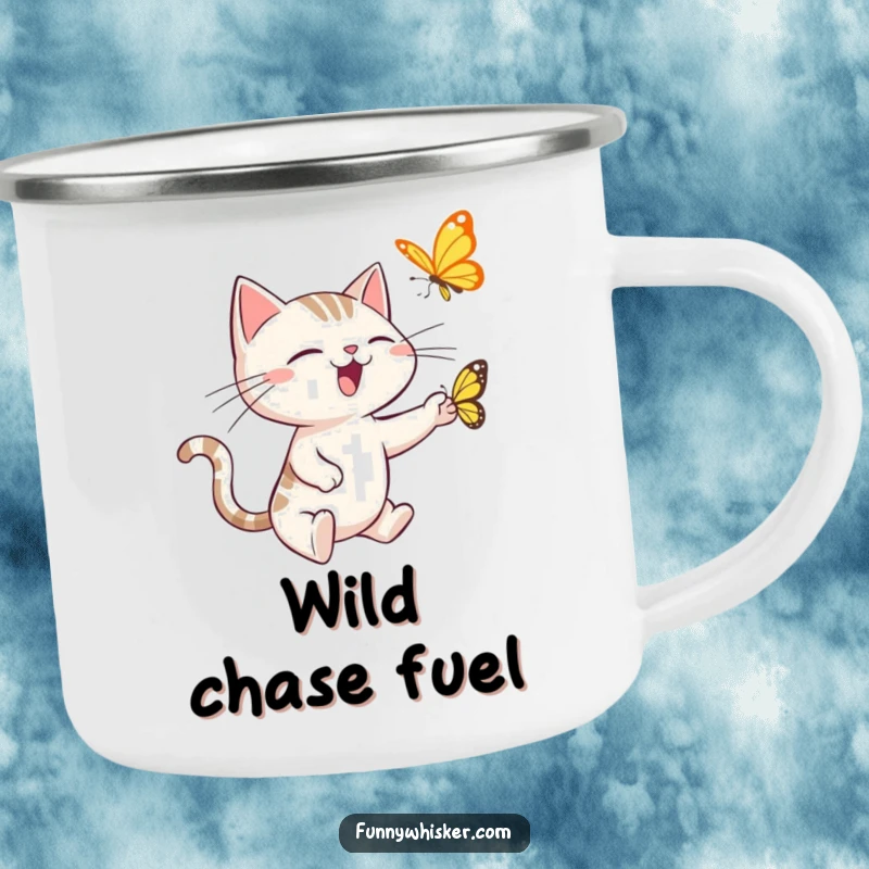 Funny camping mug showcasing a spiky-whiskered cat energetically chasing a butterfly, ideal for outdoor adventures and humorous moments.
