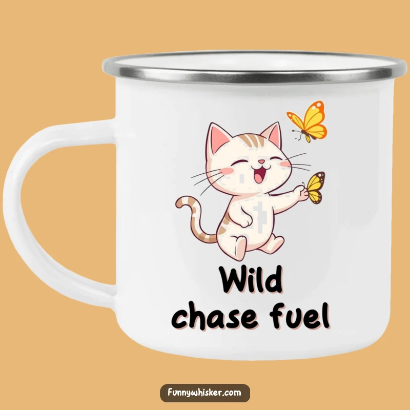 Funny Cat Camping Mug: Spiky Whiskers Butterfly Chase Outdoor Gift