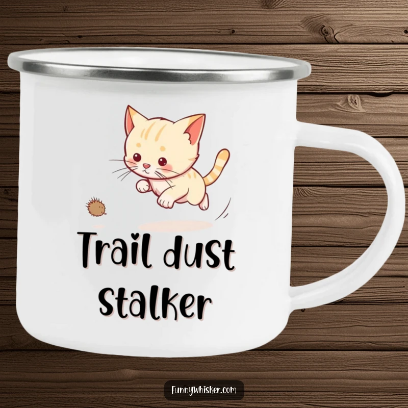 Funny cat camping mug with a cat chasing a dust bunny, long whiskers trailing, perfect for enjoying drinks outdoors.