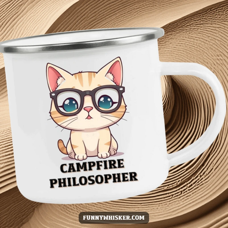 Funny cat wearing tiny spectacles perched precariously on its whiskers, ready for adventure on a durable camping mug.