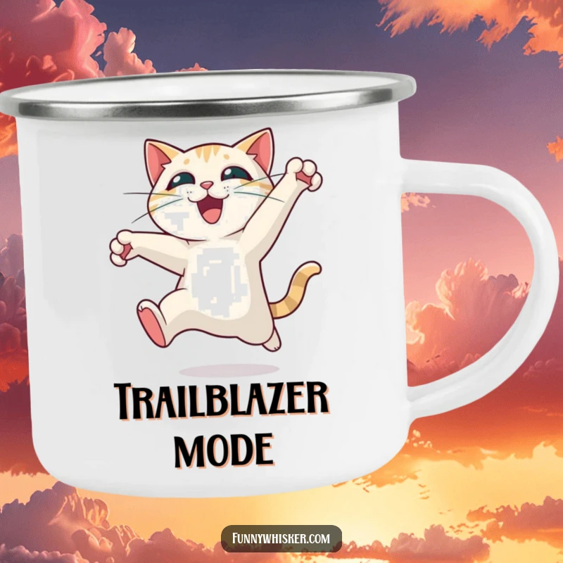 Funny cat camping mug showing a character leaping with thrilling motion, whiskers spread wide, perfect for adventurers who appreciate humor.