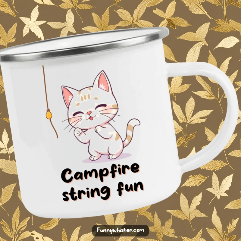 Funny camping mug showcasing a cat with large whiskers playfully batting at a dangling string, perfect for outdoor enjoyment with humor.