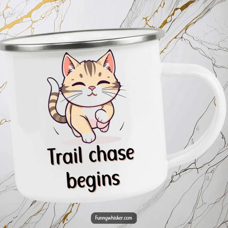 Funny camping mug showing a cat intensely chasing its tail, whiskers twitching, for focused outdoor enjoyment.