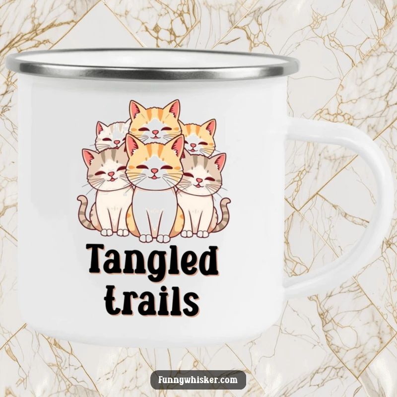 Funny Cat Camping Mug showing cats with long, intertwined whiskers, perfect for adventures and cat fans, a great funny gift.